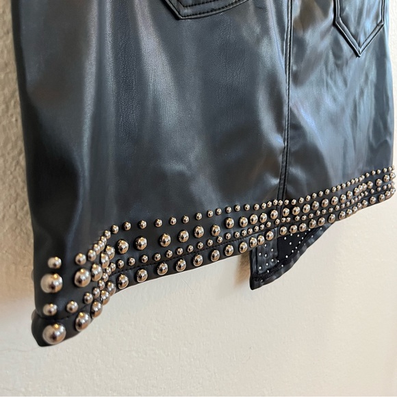 Black Studded Faux Leather Mini Skirt Asymmetrical Hem Rock Chic Y2K Staple - Picture 9 of 16